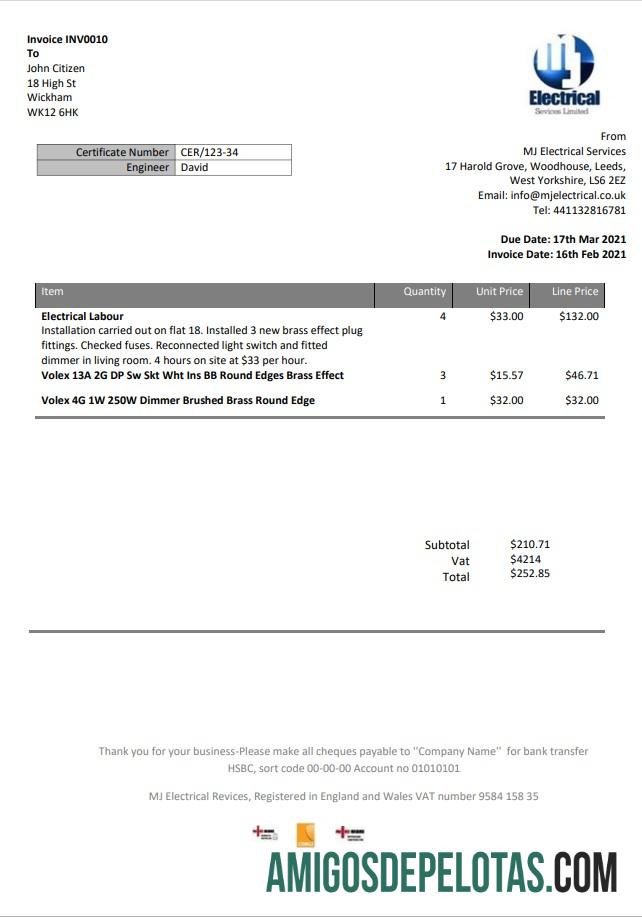 Em branco modelo de comprovante de endereço elétrico MJ do Reino Unido em formato Word e PDF